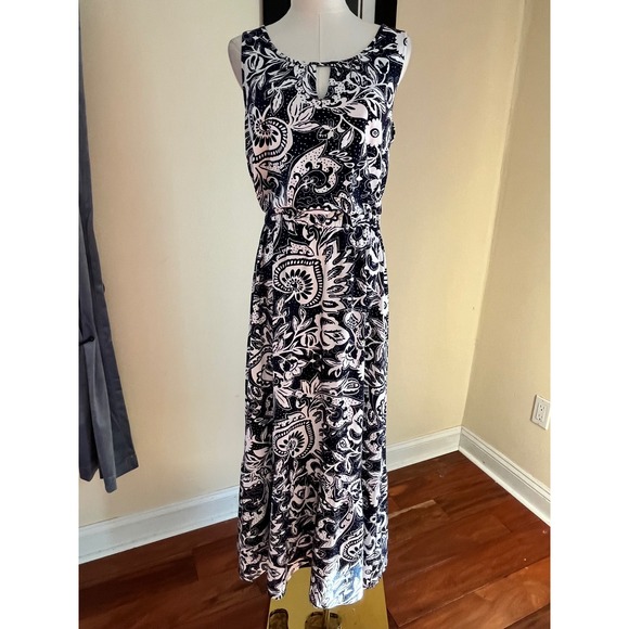 Talbots Navy White Paisley Floral Cotton Modal Maxi Dress Size M - Picture 3 of 9